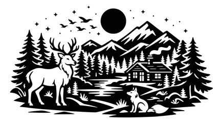 Naklejka premium Hand drawn line art illustration of a mountain forest landscape depicting a majestic deer, fox, and cabin under the moon for outdoor nature designs