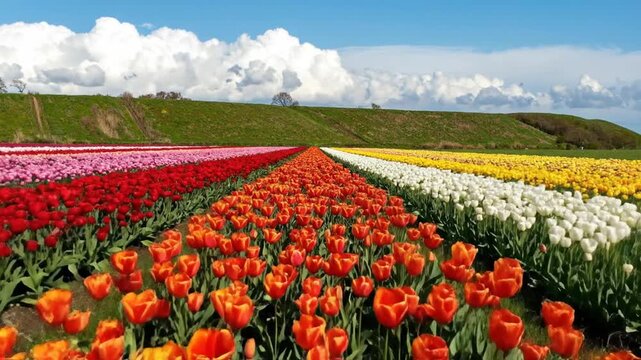 Vibrant rows of colorful tulips stretch towards the horizon under a bright blue sky with f white clouds.
