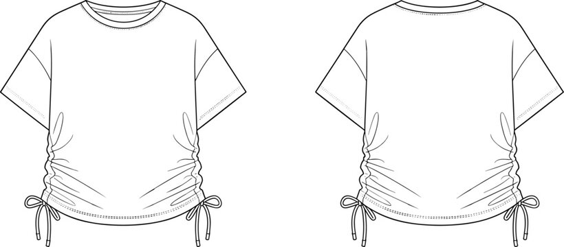 Womens ruched t shirt technical fashion flat sketch, short sleeve top design, front back view, apparel CAD vector illustration