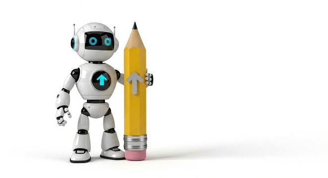 Small white robot character holding large yellow pencil on white background