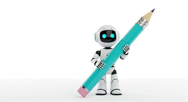 Cute white robot holding a large blue pencil on white background