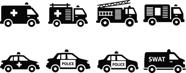 Emergency vehicle silhouette icon set featuring ambulance fire truck police car and swat van for public safety first responder and rescue branding © Sherina