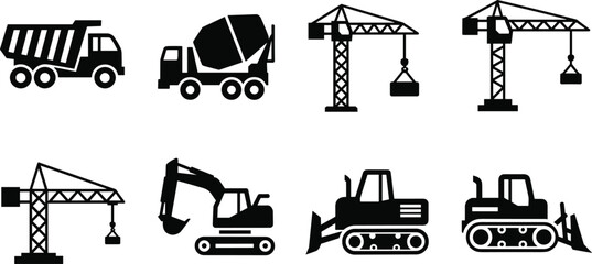 Heavy construction machinery silhouette icon set featuring dump truck cement mixer tower cranes excavator and bulldozer for industrial engineering and building projects © Sherina