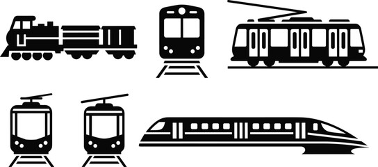 Collection of train and rail transport silhouettes including steam locomotive high speed bullet train subway metro electric tram and modern public transit © Sherina