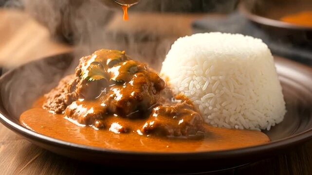 Delicious Rendang Dish with Rice and Sauce Being Poured Over It.