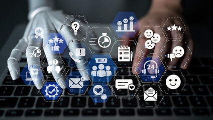 Fototapeta premium AI customer review analytics extract insights, improve satisfaction, and enhance service quality with predictive evaluation of feedback data. Entice