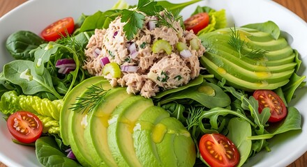 Healthy Tuna Salad with Avocado and Fresh Greens.