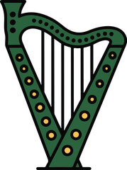 Obraz premium Traditional green Celtic harp illustration with golden details.