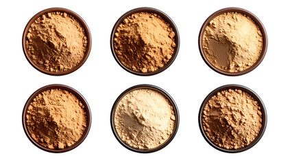 Six bowls showcasing face powder with diverse skin tone hues