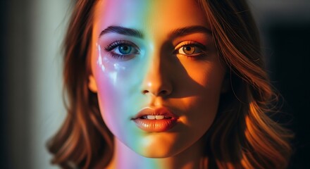 Portrait of a woman with rainbow light on her face.