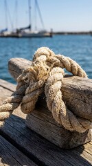 Fototapeta premium A close-up captures a weathered wooden bollard with a sturdy rope securing a nautical vessel, against a blurred backdrop of a serene harbor.