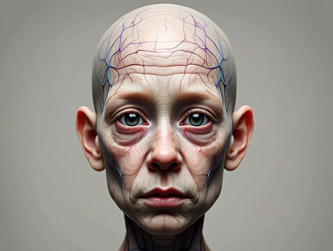 Progeria Close up of bald head and face showing visible blue veins and wrinkles skin