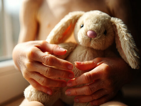 Progeria Child holding soft beige stuffed bunny rabbit close up image