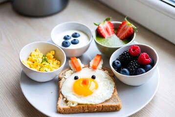 Creative kids breakfast with fried egg chicken toast and fresh fruits, healthy morning meal for children with berries and scrambled eggs, candid lifestyle food photography on wooden table.