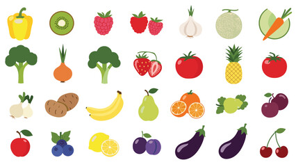 Obraz premium Extensive collection of diverse and colorful fruits and vegetables, presented as individual pixel art icons, including berries, broccoli, pineapple, and lemons.