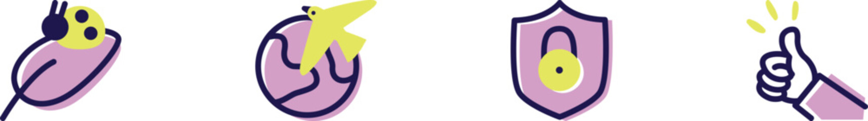 Playful icon set of global shipping, secure payment and privacy support. Approval symbol. Ecommerce websites apps branding interfaces marketing and friendly startup platforms. Quirky tech modern