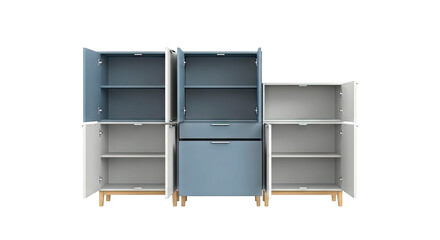 Modular storage cabinet with open doors and drawers