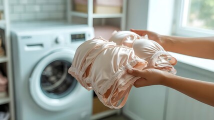 Hand holding folded lingerie set near washing machine, home laundry lifestyle, delicate underwear cleaning concept