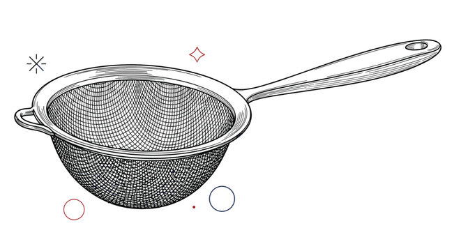 Detailed black and white engraving-style illustration of a metal mesh kitchen sieve or strainer with a long handle.