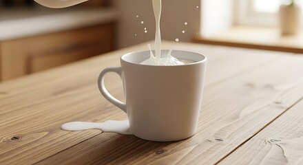 Milk Overflowing from a White Mug on a Wooden Table.