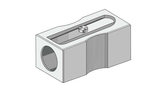 Realistic grayscale illustration of a classic metal single-hole pencil sharpener, a common school and office supply item.