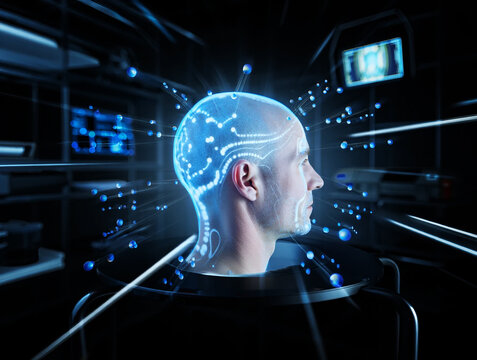 Progeria Man with glowing blue digital brain interface and data streams head profile