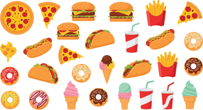 Flat fast food icons vector set with burgers, pizza, donuts, tacos, fries, ice cream, and drinks