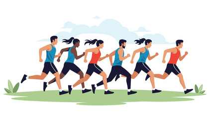 Obraz premium Group of diverse runners, both men and women, jogging together in athletic wear, illustrating fitness, teamwork, competition, or an outdoor race event.