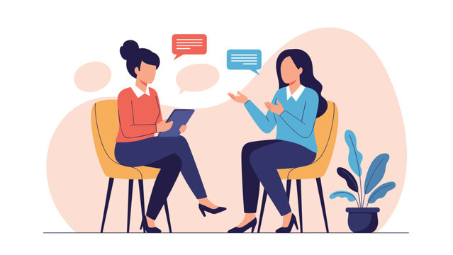 Two women engaged in a conversation or therapy session, with one actively listening and the other speaking, surrounded by speech bubbles, depicting communication, counseling, or interview scenarios.