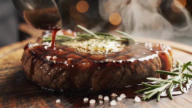 Grilled Steak with Herb Butter and Rosemary.
