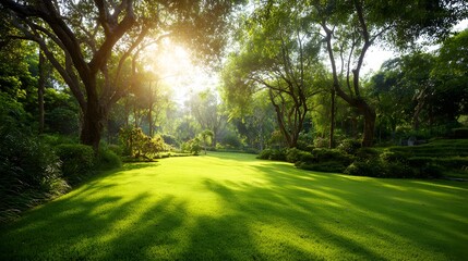 Fototapeta premium Lush Green Meadow Illuminated by Sunlight in a Serene Forest Setting.