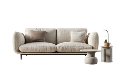 Fototapeta premium Modern living space with a neutral sofa, side table, lamp, and cactus