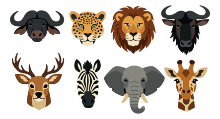 Fototapeta premium Cartoon wild animal faces set featuring lion, elephant, giraffe, zebra, and other wildlife for safari and nature projects