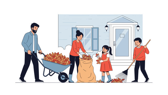 Family of four, including children, raking and collecting autumn leaves in front of their house, depicting seasonal chores and family bonding.