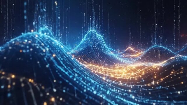 Abstract digital landscape with glowing lines and dots, creating a futuristic and dynamic background.