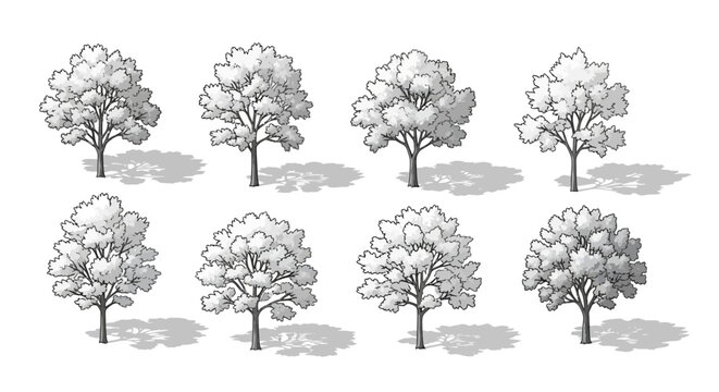 A collection of eight detailed isometric pixel art illustrations of deciduous trees with distinct foliage and shadow casting.