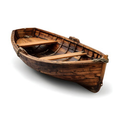 Fototapeta premium A weathered wooden boat resting on a plain surface, showcasing signs of age and exposure isolated on white background