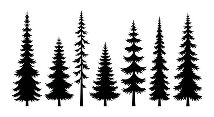 Obraz premium A collection of silhouette illustrations of various coniferous trees, showcasing different shapes and sizes.