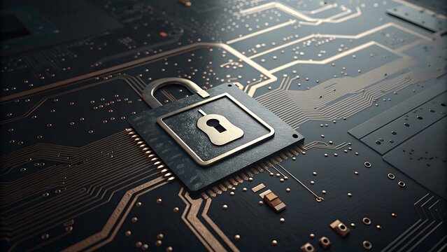 A close up view of a lock symbol embedded on a circuit board