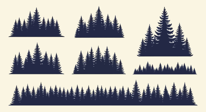 Collection of stylized dark blue pine tree silhouettes against a light cream background, representing forest landscapes.