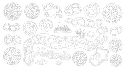 Collection of top-down architectural drawings of various plants, trees, rocks, and water features for landscape design. © Fahmi