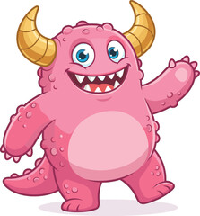 Fototapeta premium Cute pink monster cartoon character with horns, friendly fantasy creature illustration for kids branding, mascot design, playful imagination, game art, stock use