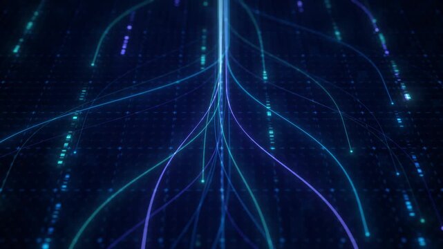 Abstract Neural Network Graph Visualization, AI Machine Learning Data Classification. Connected Nodes and Flow Lines, Big Data Technology Abstract Background for Artificial Intelligence Communication