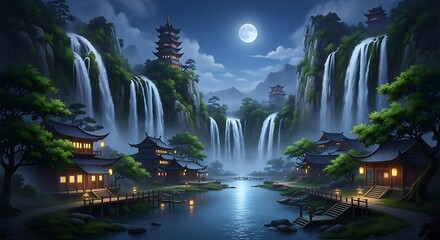 Serene Japanese Landscape with Waterfalls and Moonlit Pagoda.