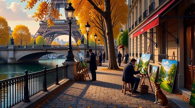 Artists paint along Seine River near Eiffel Tower on an autumn day in Paris