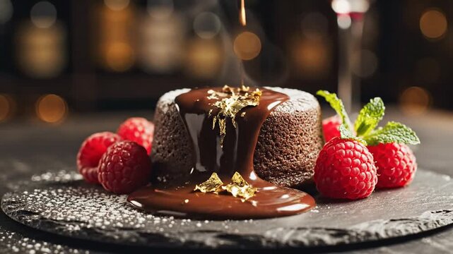 A decadent chocolate lava cake is drizzled with warm sauce and garnished with raspberries & mint