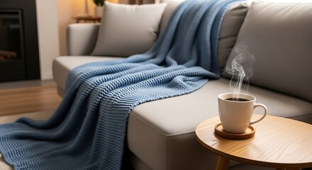 Cozy Living Room Scene with Coffee and Blanket.