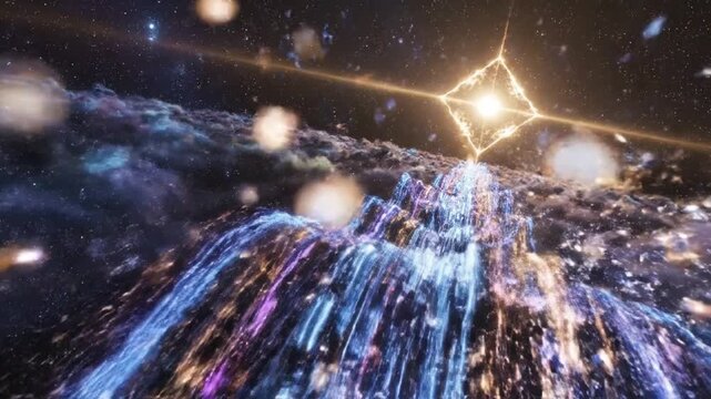 Asteroid with colorful minerals being pulled into a star in space