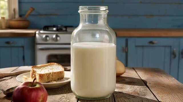 Glass Bottle of Milk on Kitchen Table.