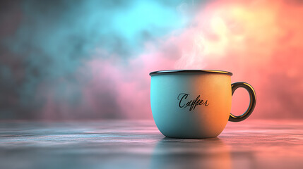 Steaming mug illuminated by surreal colors